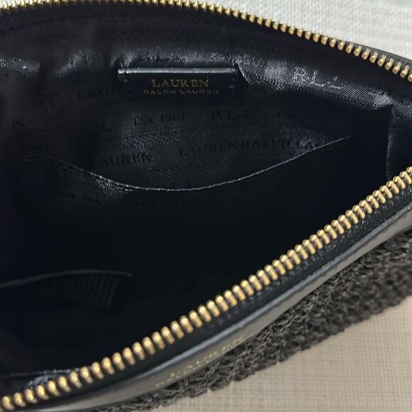 LRL Black Gold Tone Raffia Paper Straw Woven Faux Leather Clutch - Picture 5 of 8